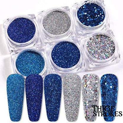 GV169 THR3E STROKES 6 Boxes Holographic Nails Glitter Powder Nail Art Supplies Metallic Shining Flakes Blue Silver Nail Glitter Set for Nails Art Decoration (D39)
