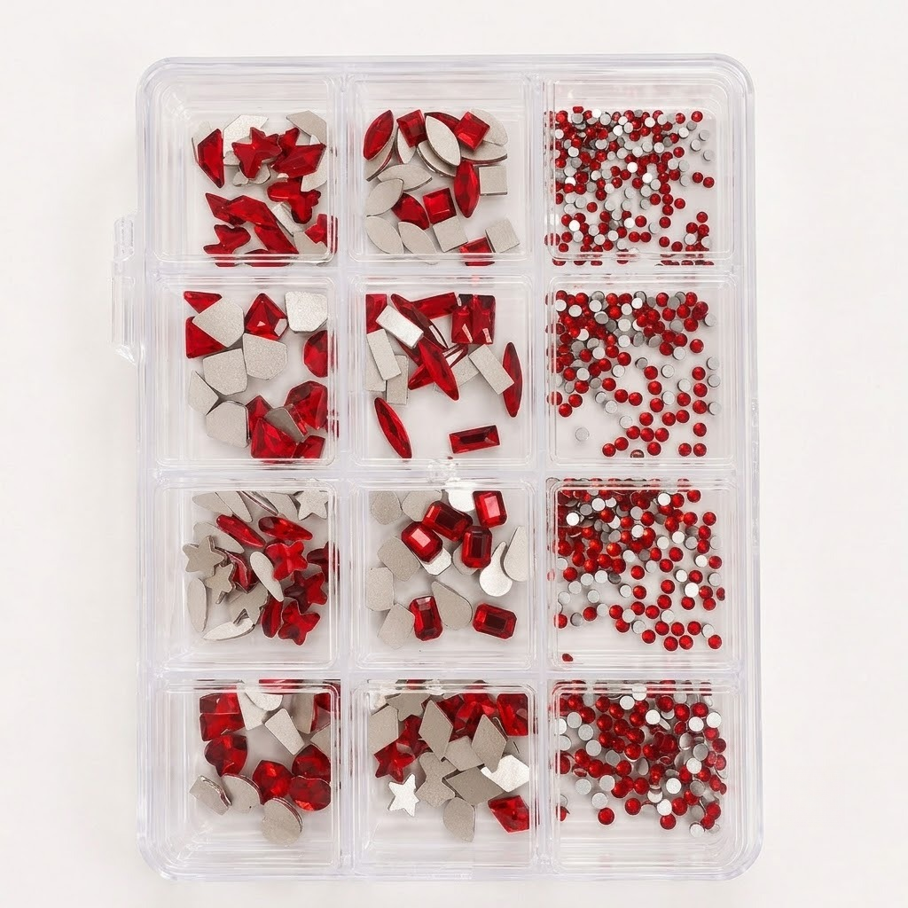 GV1155 12 Compartments Red & Silver Rhinestone Nail Art Decoration Set, Mixed Shapes & Sizes Crystal Nail Charms for Gel Nails, Acrylic Nails, Manicure & DIY Nail Art