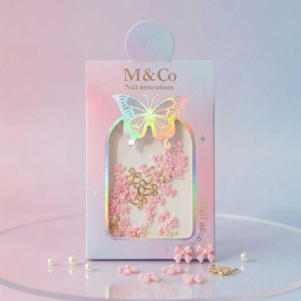 GV1175 M&Co 3D Pink Bow & Pearl Nail Art Decoration Set - Mixed Resin Bow Ties, Faux Pearls & Wire Bow Charms for Gel, Acrylic Nails & DIY Manicure