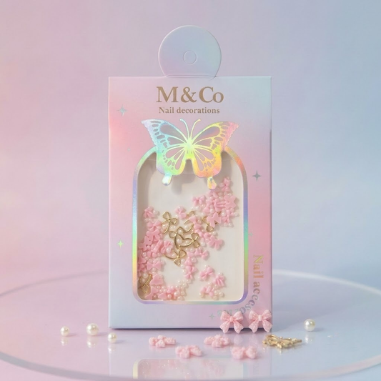GV1175 M&Co 3D Pink Bow & Pearl Nail Art Decoration Set - Mixed Resin Bow Ties, Faux Pearls & Wire Bow Charms for Gel, Acrylic Nails & DIY Manicure