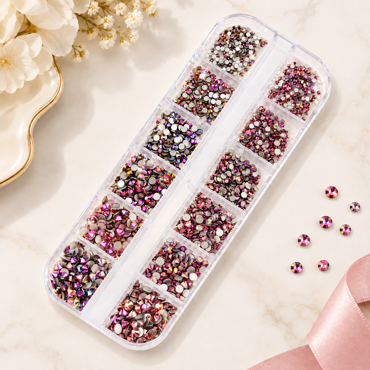 NP194 QUEEN FINGER 12-Grid Iridescent AB Glass Rhinestone Set - Multi-Size Flatback Crystal Gems Case for 3D Nail Art & Beauty Decoration
