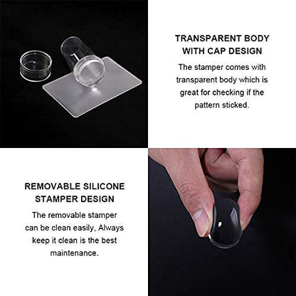 GV83 THR3E STROKES Nail Stamping Transparent Silicone Head Clear Jelly Nail Art Stamping Stamper with A Lid Big Cap Scraper Image Plate Manicure Tools DIY Polish Kit with Matte Handle