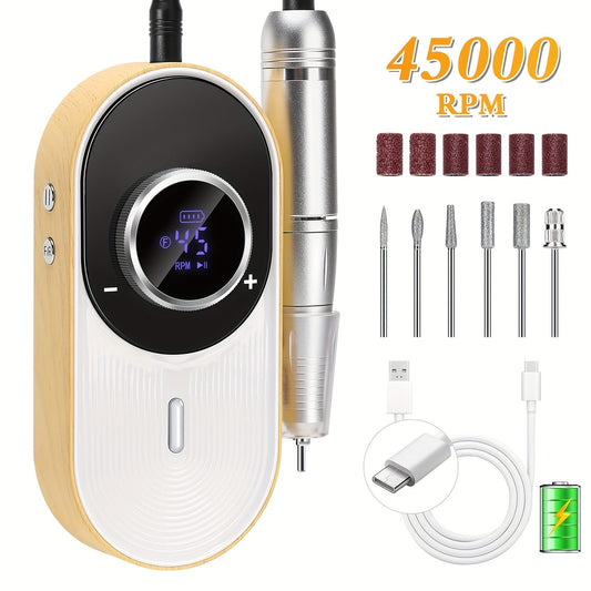 GV1101 45000RPM Rechargeable Electric Nail Drill Machine – Professional Portable Nail File Kit with LCD Display, Forward/Reverse Rotation & Nail Drill Bits