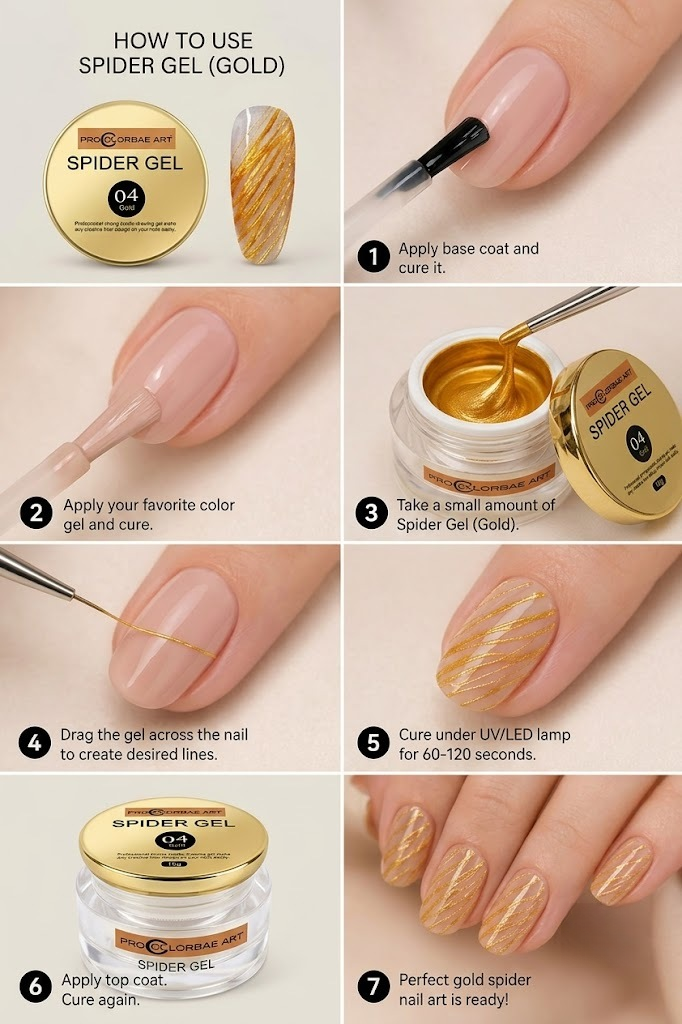 NP349 Pro Colorbae Art Spider Gel (10g, Shade 04 Gold) - Professional Strong Elastic Drawing Gel for Metallic Line Art & Geometric Nail Designs