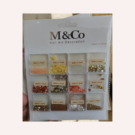 GV730 M&Co 12 in 1 Nail Art Decoration Set – Glitter, Beads & Dried Flowers