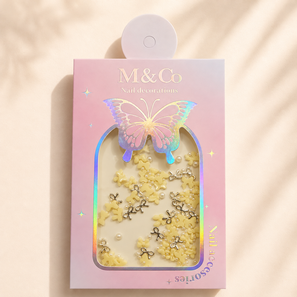 GV1178 M&Co 3D Pastel Yellow Bow & Pearl Nail Art Decoration Set - Mixed Resin Bow Ties, Faux Pearls & Wire Bow Charms for Gel, Acrylic Nails & DIY Manicure