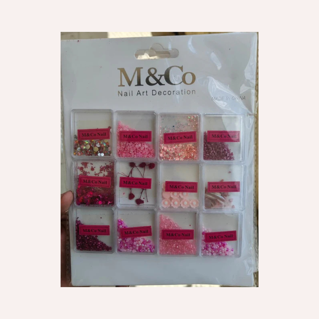 GV729 M&Co Nail Art Decoration Set – 12 Box Pink Rhinestones, Glitter & Flower Mix
