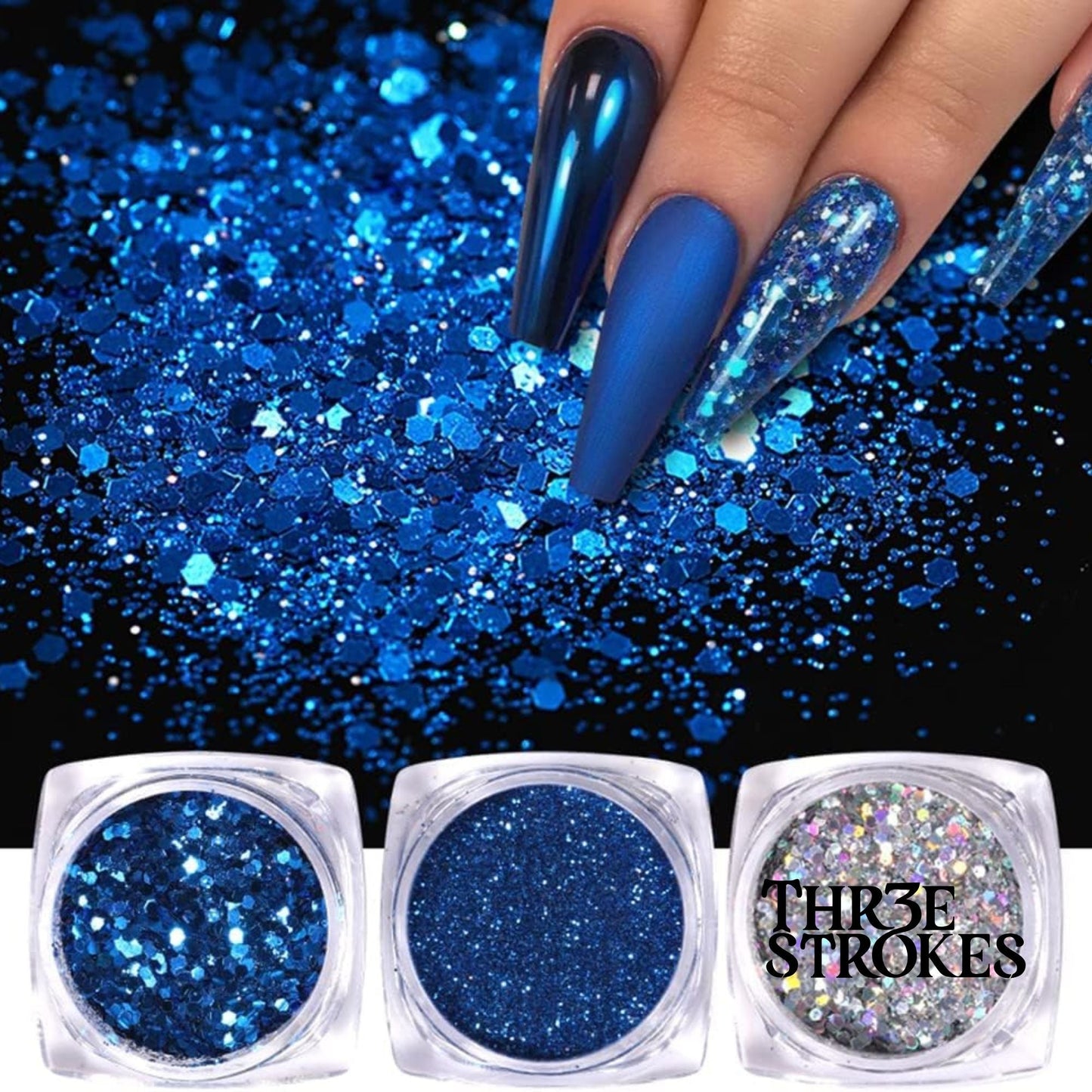 GV169 THR3E STROKES 6 Boxes Holographic Nails Glitter Powder Nail Art Supplies Metallic Shining Flakes Blue Silver Nail Glitter Set for Nails Art Decoration (D39)