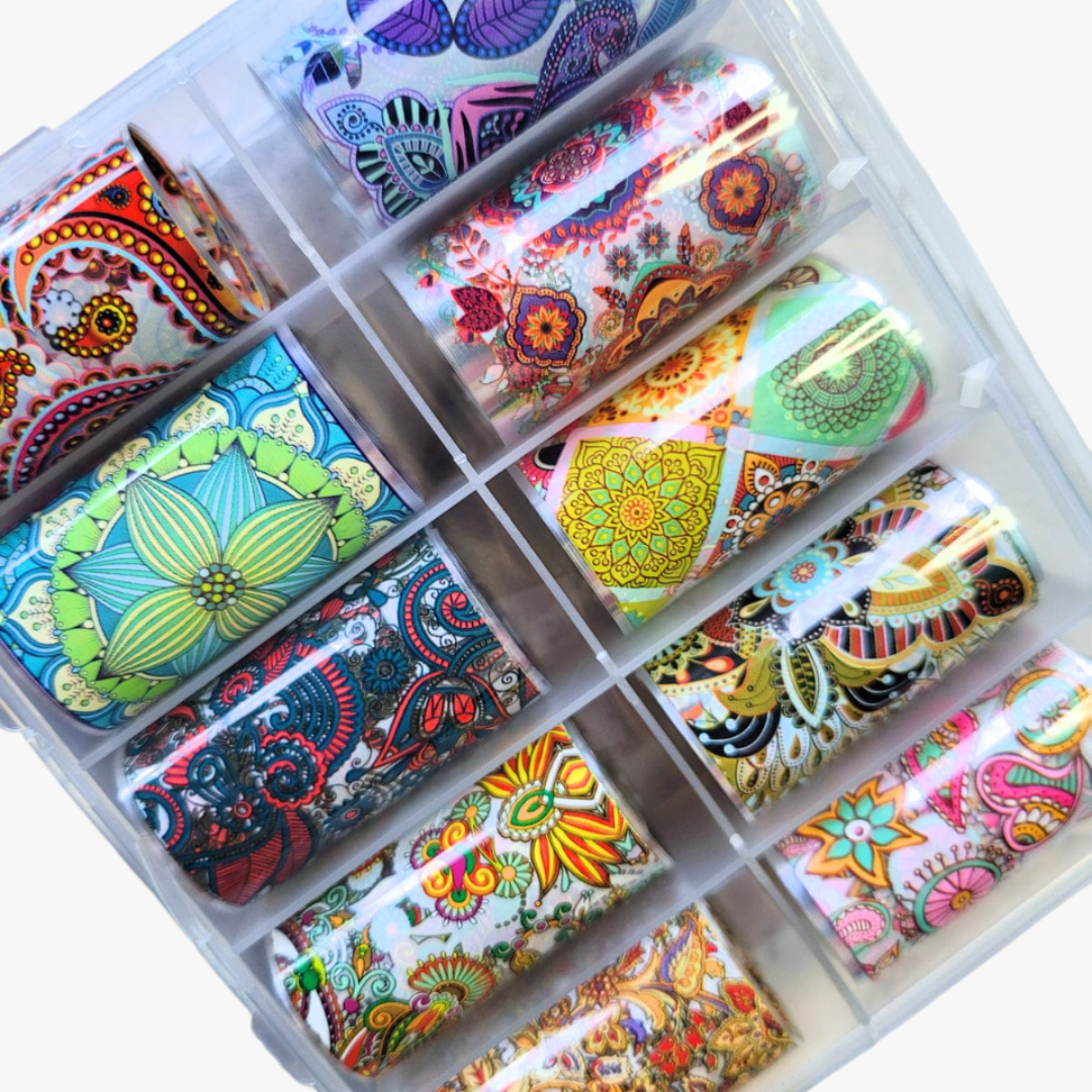 GV918 10pcs Mandala Nail Foil Transfer Set – Boho Floral & Paisley Nail Art Foils with Storage Box for Gel Polish & DIY Manicure
