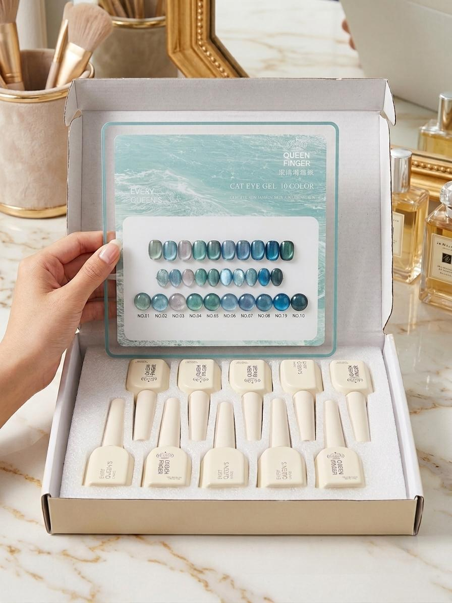 GV1196 QUEEN FINGER 10-Color Blue & Teal Cat Eye Gel Polish Set – Ocean Blue, Aqua, Sapphire & Teal Magnetic Shimmer UV/LED Gel Nail Kit for DIY & Salon Nail Art