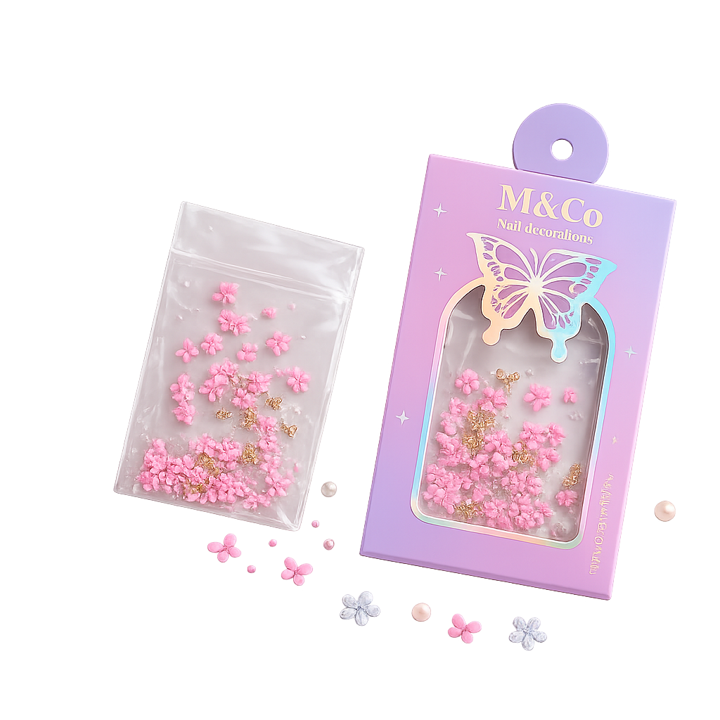 GV1117 M&Co 3D Pink Floral Nail Art Decorations Set – Five-Petal Flowers, Caviar Pearls, and Gold Bows