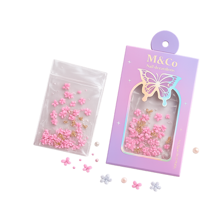 GV1117 M&Co 3D Pink Floral Nail Art Decorations Set – Five-Petal Flowers, Caviar Pearls, and Gold Bows