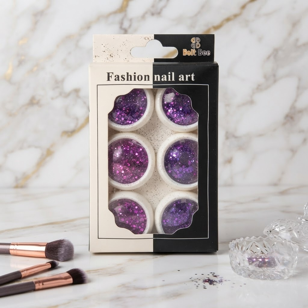 NP233 Bolt Bee Fashion Nail Art 6-Color Purple & Magenta Fine Glitter Powder Set - Shimmering Violet Pigment Dust Jars for Acrylic, Gel Nails & DIY Manicure
