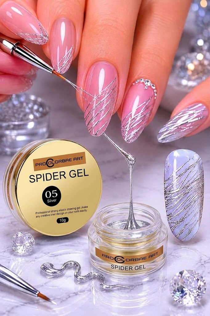 NP350 Pro Colorbae Art Spider Gel (10g, Shade 05 Silver) - Professional Strong Elastic Drawing Gel for Metallic Line Art & Geometric Nail Designs