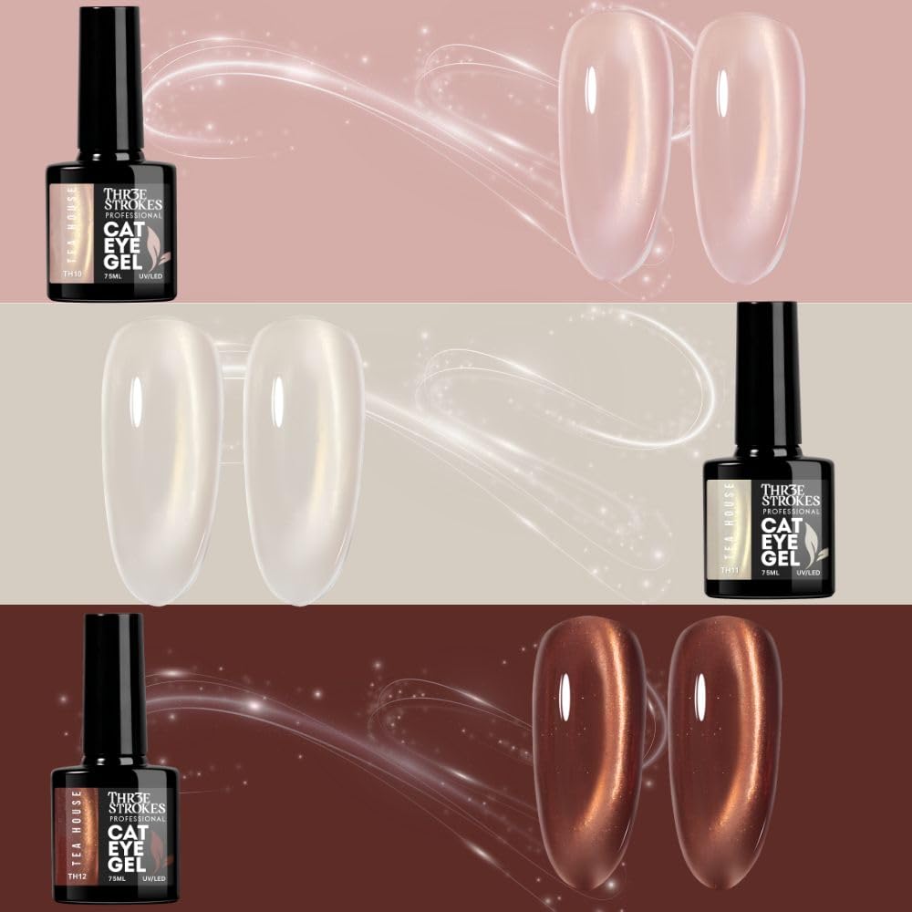 GV1172 THR3E STROKES Silk Cat Eye Gel Polish Set - 12 Colors (7.5ml) - Magnetic Velvet Shimmer Effect - UV/LED Soak Off Nail Art Manicure Kit (TEA HOUSE)