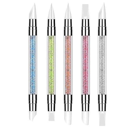 GV521 5 Pcs Silicone Nail Art Pens Set - Dual-Ended 3D Nail Carving & Gel Sculpting Brushes - Flexible Silicone Tips with Crystal Rhinestone Handles for Embossing, Chrome & DIY Nail Design