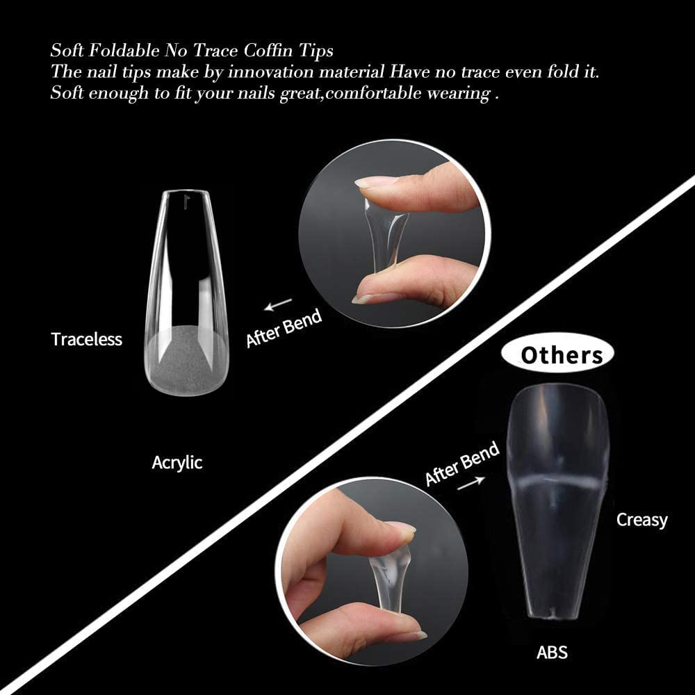 GV25 THR3E STROKES Soft Gel Nail Tips, Full Cover Clear Soft Nail Tips for Artificial False Nails Extension Nail Salons DIY Nail Art with Box, 550PCS (LONG COFFIN N19)