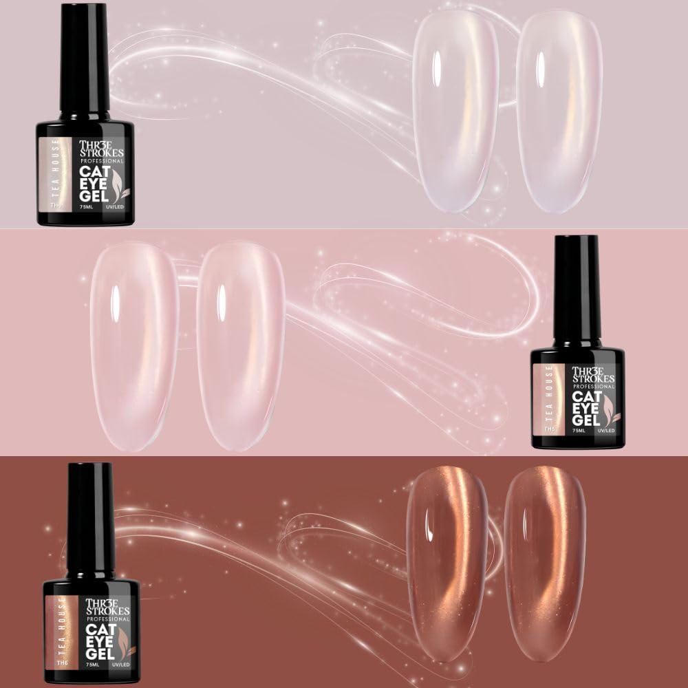 GV1172 THR3E STROKES Silk Cat Eye Gel Polish Set - 12 Colors (7.5ml) - Magnetic Velvet Shimmer Effect - UV/LED Soak Off Nail Art Manicure Kit (TEA HOUSE)