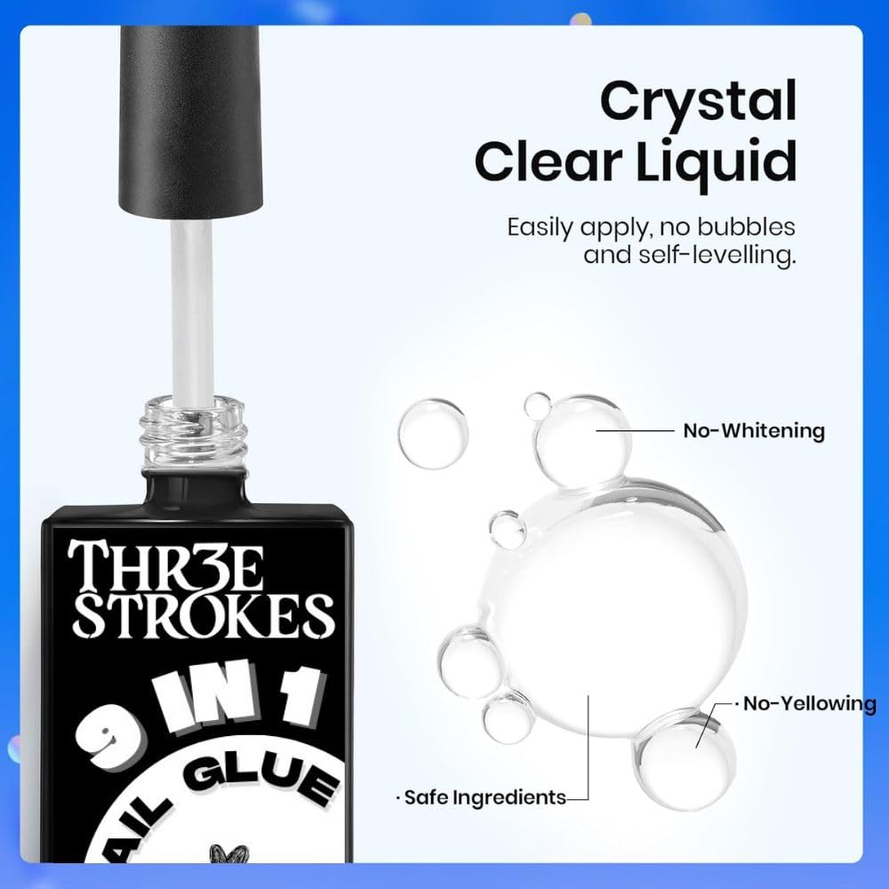 NP285 THR3E STROKES Gel Polish 9 In 1 Gel Nail Glue for Clear Acrylic Nail Tips 15ml Long Lasting Nail Kit for False Nails Tips, Base Blooming Nail, Christmas Nail Art, U V Light Required (THICK FORMULA)