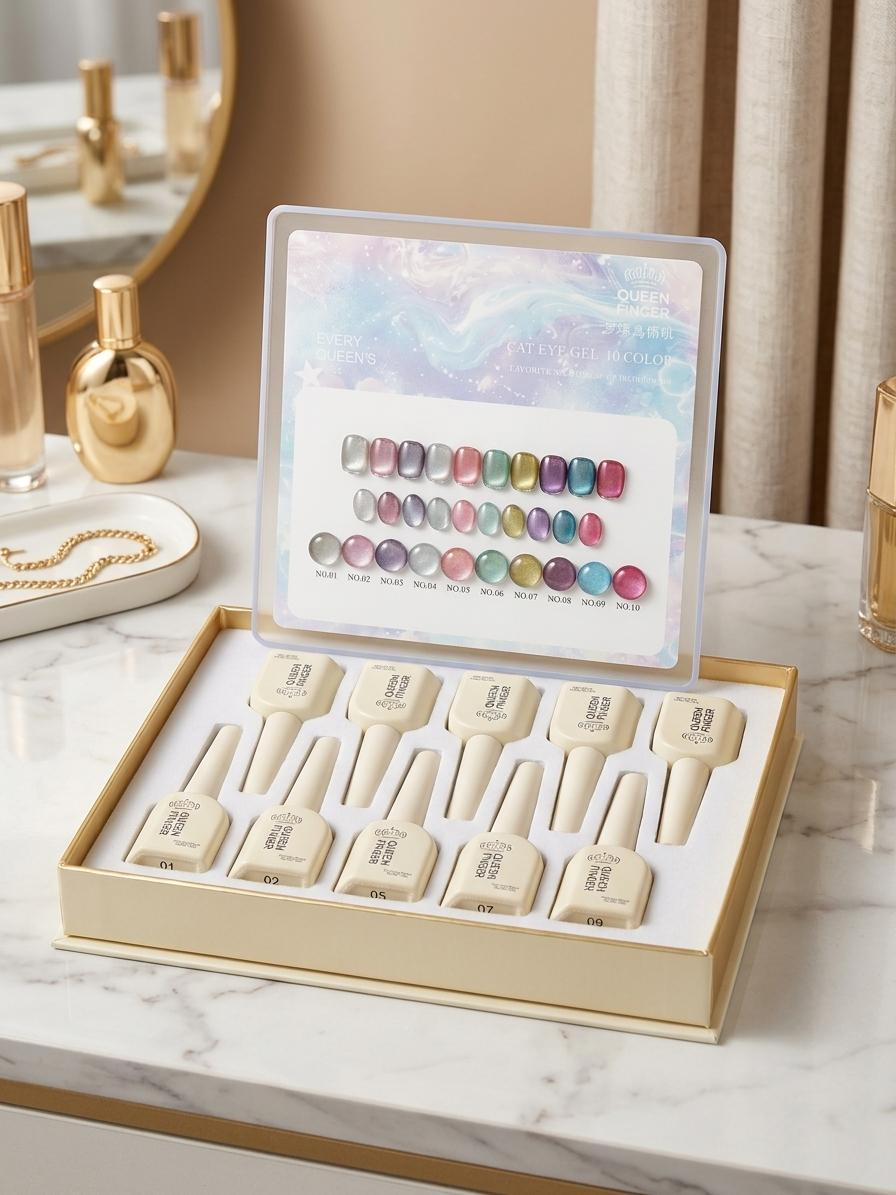 GV1195  QUEEN FINGER 10-Color Rainbow Aurora Cat Eye Gel Polish Set – Multi-Tone Pastel & Jewel Magnetic Shimmer UV/LED Gel Nail Kit for DIY & Salon Nail Art