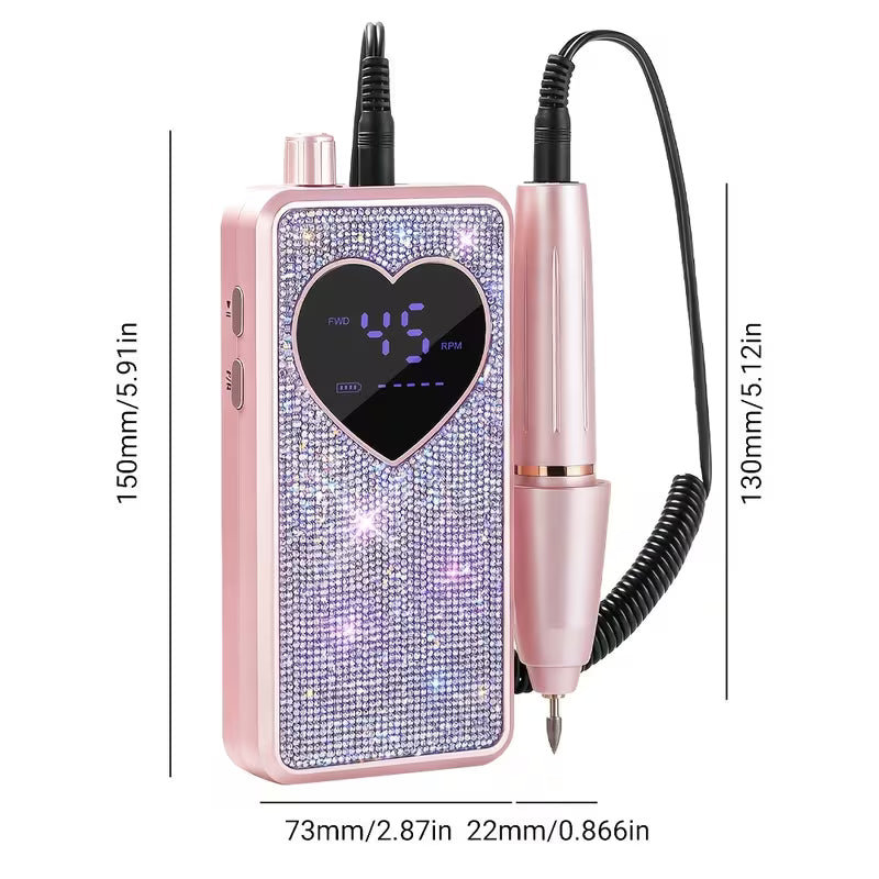 GV1207 QUEEN FINGER Portable Rhinestone Electric Nail Drill Machine (45000 RPM) - Professional Rechargeable E-File with Heart-Shaped Digital Display, Speed Control Knob & Forward/Reverse Rotation for Acrylic, Gel Nails & Pedicure