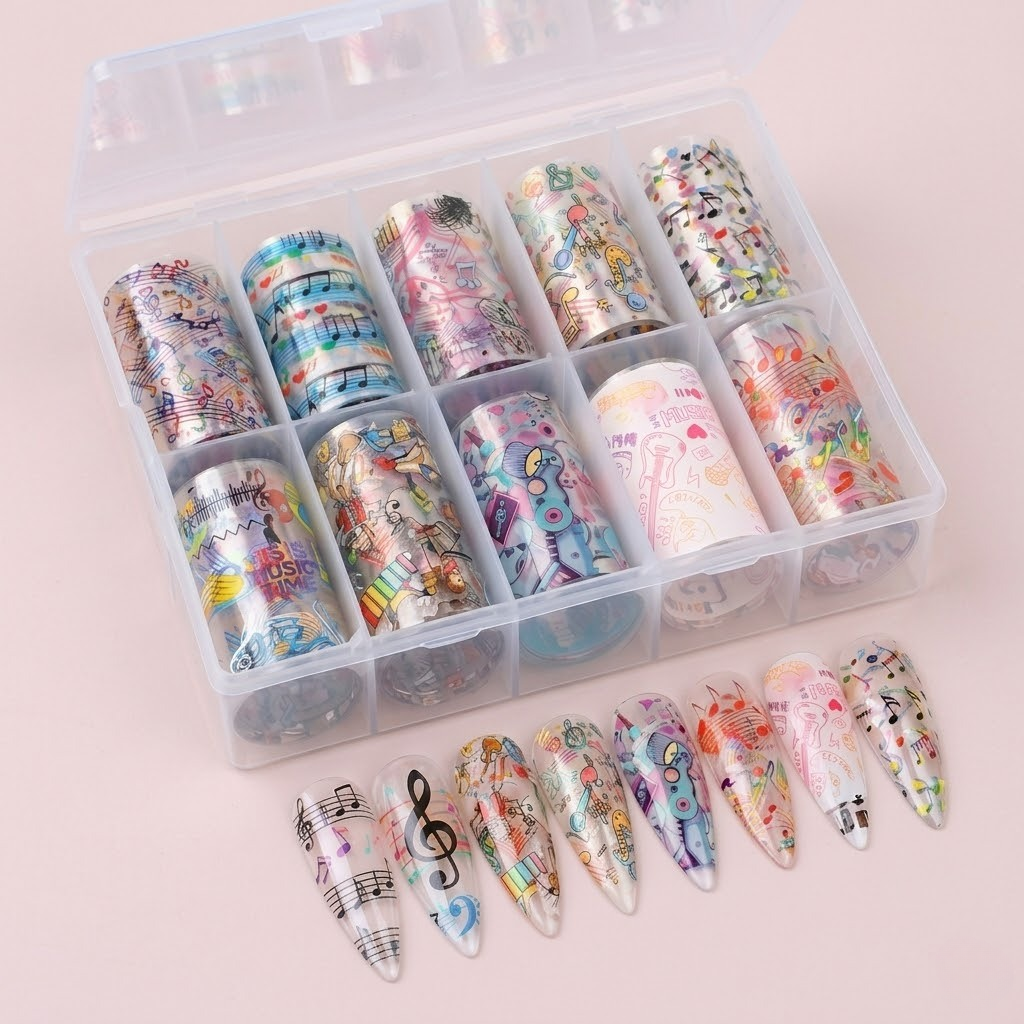 GV933 10pcs Music & Cartoon Nail Foil Transfer Set – Cute Doodle, Notes & Pop Art Nail Art Foils with Storage Box