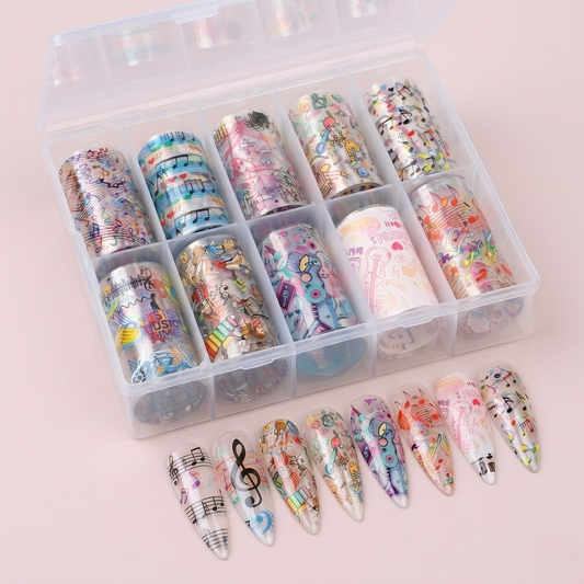 GV933 10pcs Music & Cartoon Nail Foil Transfer Set – Cute Doodle, Notes & Pop Art Nail Art Foils with Storage Box