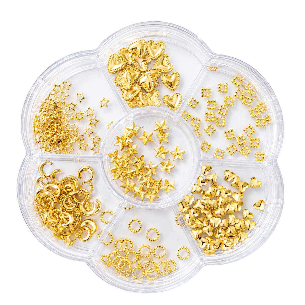 GV1215 3D Gold Alloy Hearts, Stars & Moons Nail Charms Set - 7-Grid Flower Storage Case with Beaded Hearts, Crescent Moons, 3D Stars, Beaded Square & Circle Frames for Gel, Acrylic Nails & DIY Art ( Design May Vary )
