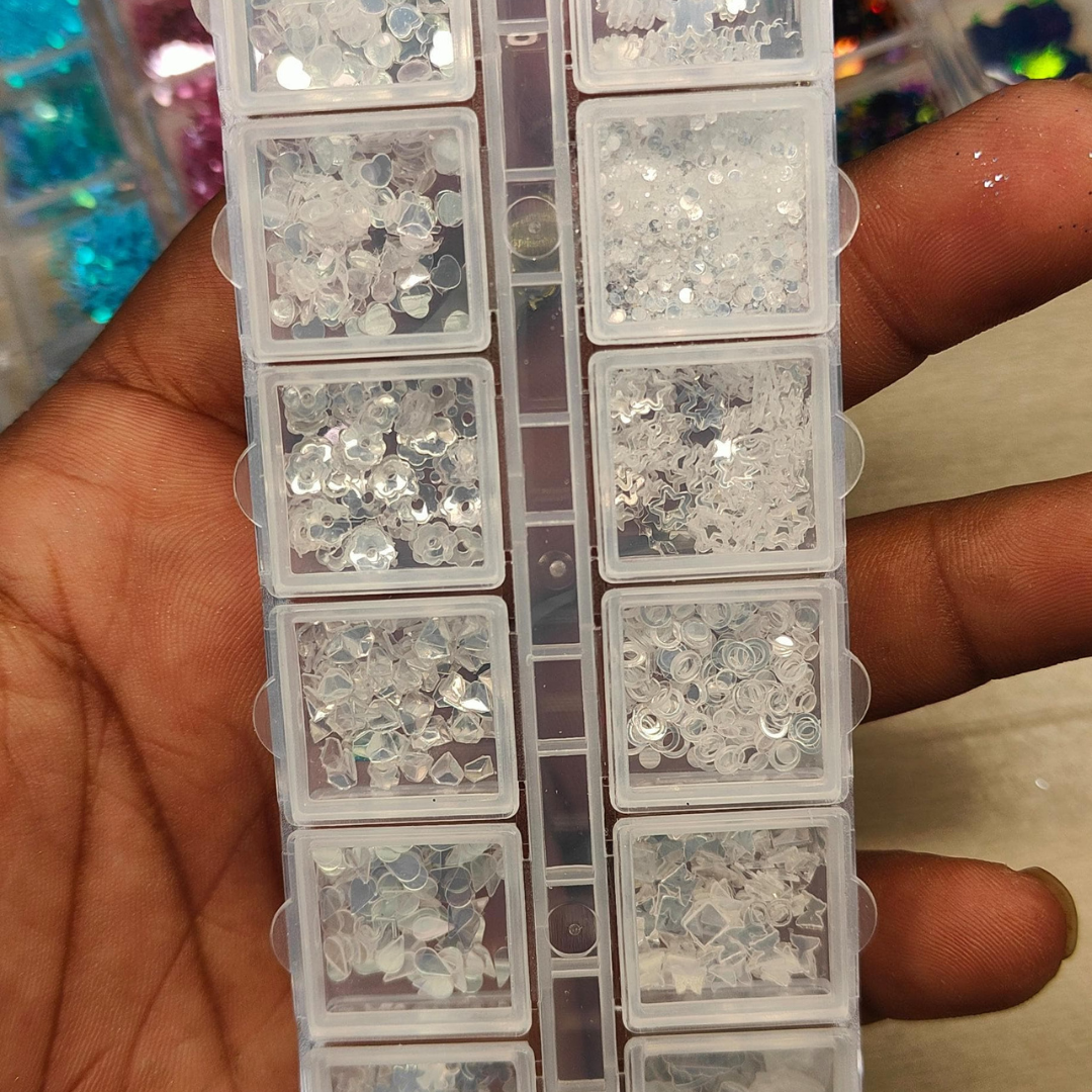 GV 801 12-Color Clear Iridescent Nail Art Glitter Set – Hearts, Stars, Mix Shapes for Gel, Acrylic & DIY Nails