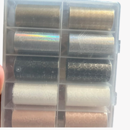 GV919 10pcs Metallic Nail Foil Transfer Set – Gold, Silver, Black & Holographic Nail Art Foils with Storage Box for Gel Polish & DIY Manicure