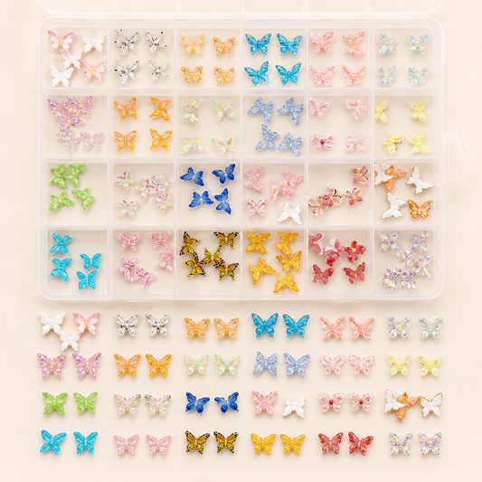 GV1105 24-Grid 3D Butterfly Nail Art Charms Kit – Vibrant Rainbow Color Palette, Glittery and Iridescent Acrylic Fly Gems for DIY Manicures and Crafts