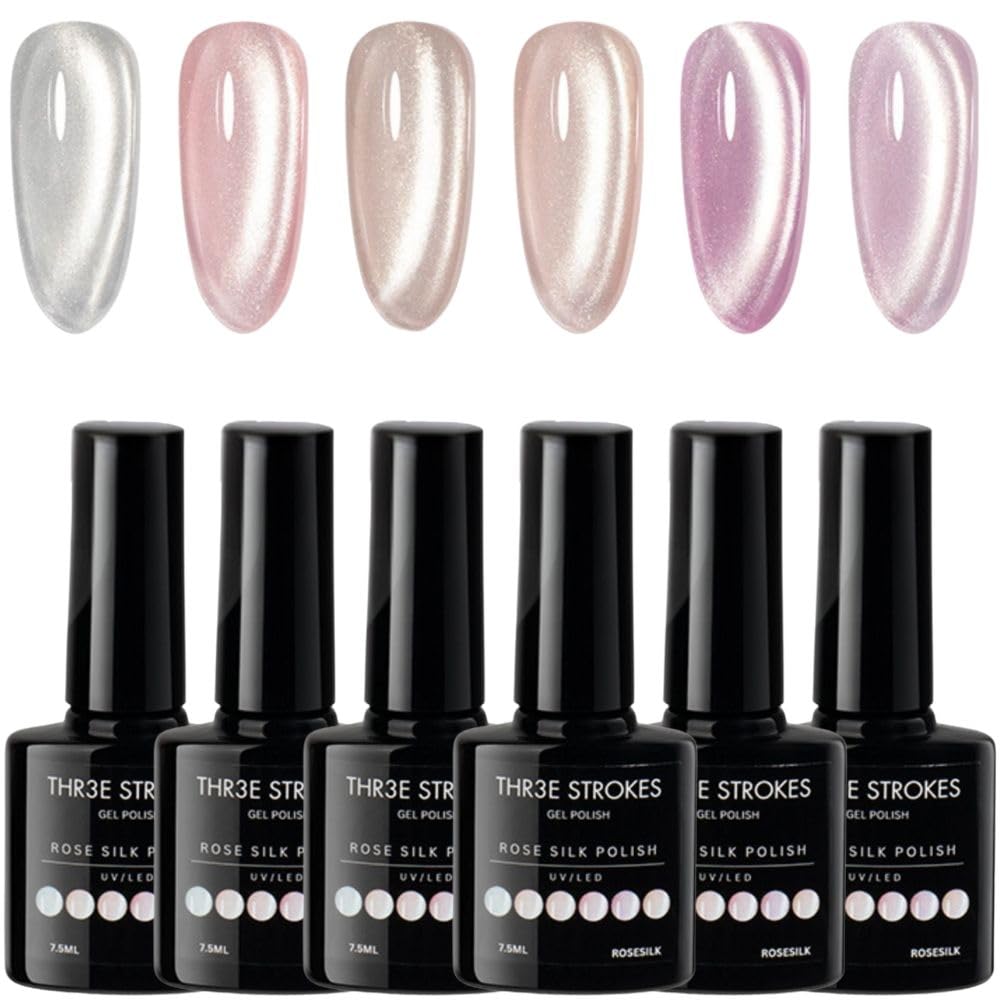 NP27 THR3E STROKES Cat Eye Gel Nail Polish Set for Pink Brown Glitter Holographic Cat Eye, Salon Gel Manicure and Nail Art DIY at Home, Bright Moonlight (NEBULA)