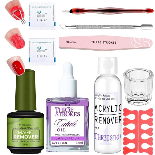 NP62 THR3E STROKES Gel Nail Polish Remover, No Need for Foil, Quick & Easy Polish Remover In 3-5 Minutes, No Need Soaking Or Wrapping Doesn't Hurt Nails-15ml (Set of 3) ( Buffer+Peeler+Cuticle Oil +Acrylic Remover) Accesories Free