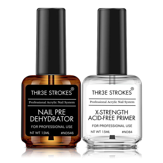 NP30 THR3E STROKES Professional Natural Nail Prep Dehydrate and Acid-Free Primer, Dehydrator for Acrylic and Gel Nail Polish, Non Acid Primer for UV Gels Fast Dry Superior Bonding Agent Gift Box Set