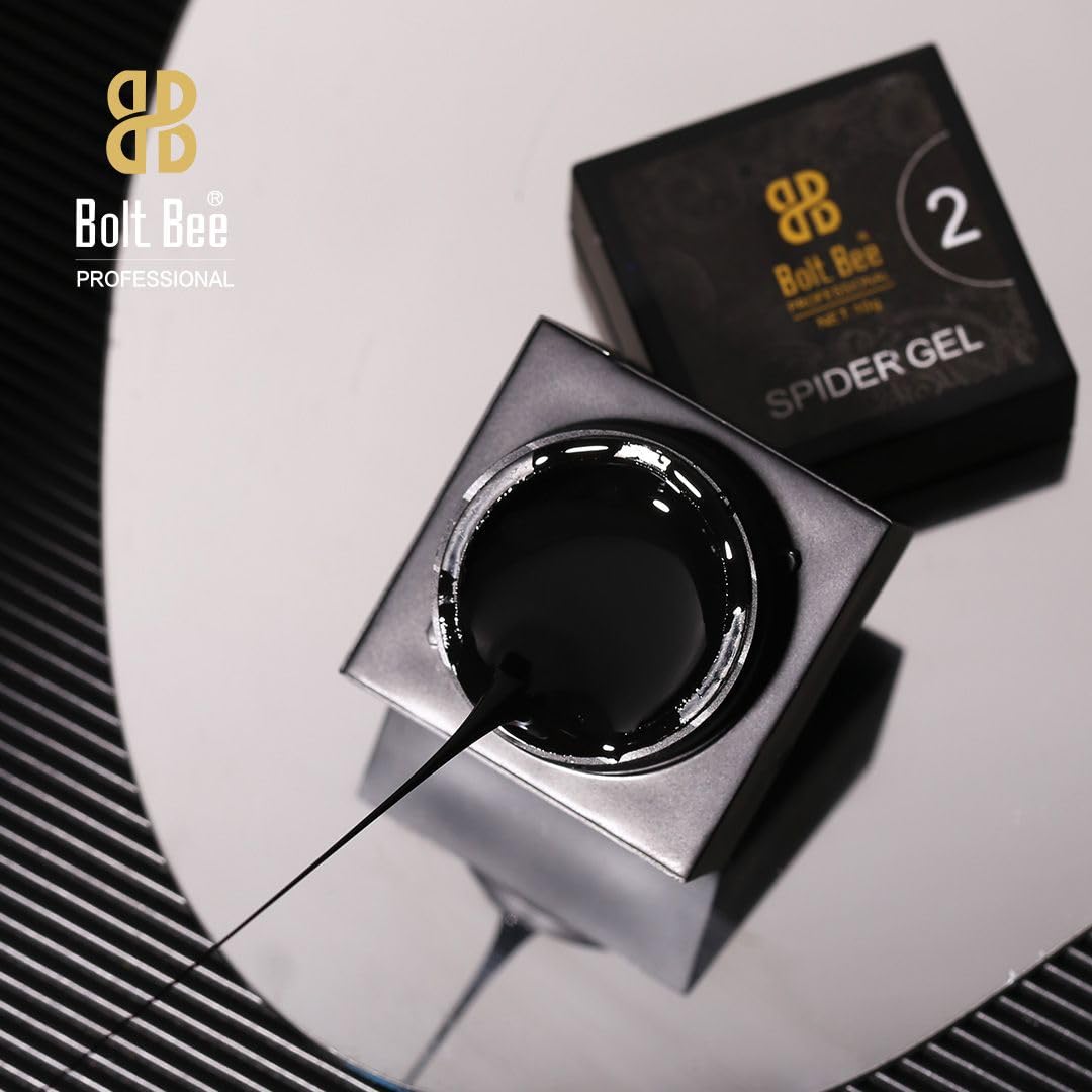 NP329 Bolt Bee Professional Spider Gel (10g, Black #2) - Elastic Stretchy Matrix Painting Gel for Straight Lines & Geometric Nail Art Design