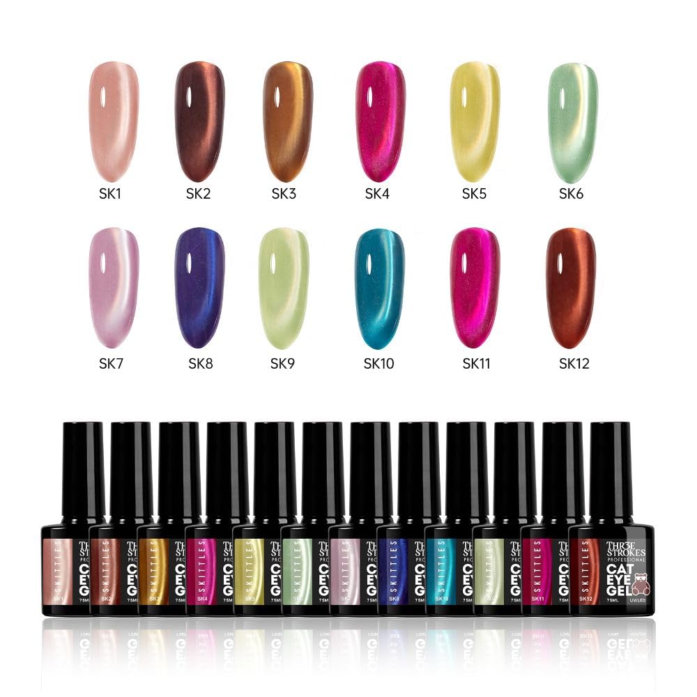 GV1171 THR3E STROKES Silk Cat Eye Gel Polish Set - 12 Colors (7.5ml) - Magnetic Velvet Shimmer Effect - UV/LED Soak Off Nail Art Manicure Kit (SKITTLES)