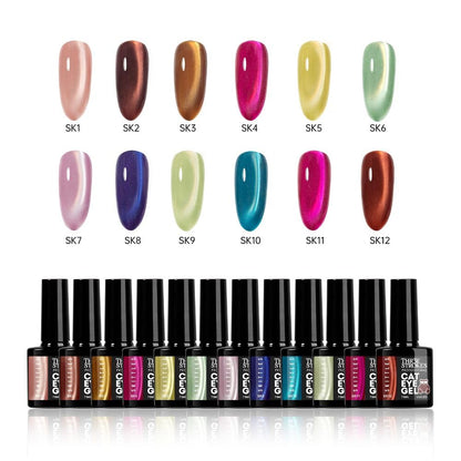 GV1171 THR3E STROKES Silk Cat Eye Gel Polish Set - 12 Colors (7.5ml) - Magnetic Velvet Shimmer Effect - UV/LED Soak Off Nail Art Manicure Kit (SKITTLES)