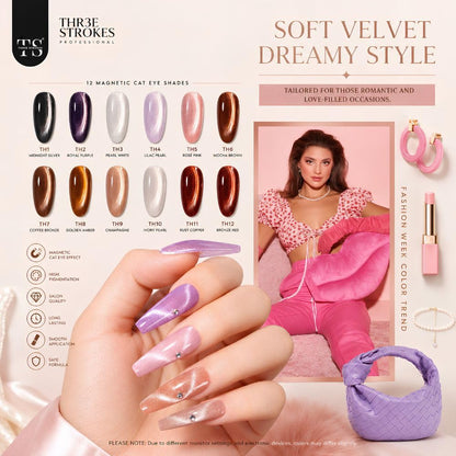 GV1172 THR3E STROKES Silk Cat Eye Gel Polish Set - 12 Colors (7.5ml) - Magnetic Velvet Shimmer Effect - UV/LED Soak Off Nail Art Manicure Kit (TEA HOUSE)