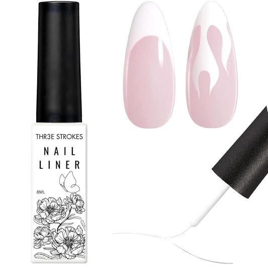 GV110 THR3E STROKES Gel Nail Polish Liner Set 8ML, Color Nail Art Winter French Polish White Black for French Tip Swirl Draw Nail Soak Off UV Curing Built Thin Brush Manicure Set For Salon DIY (White)