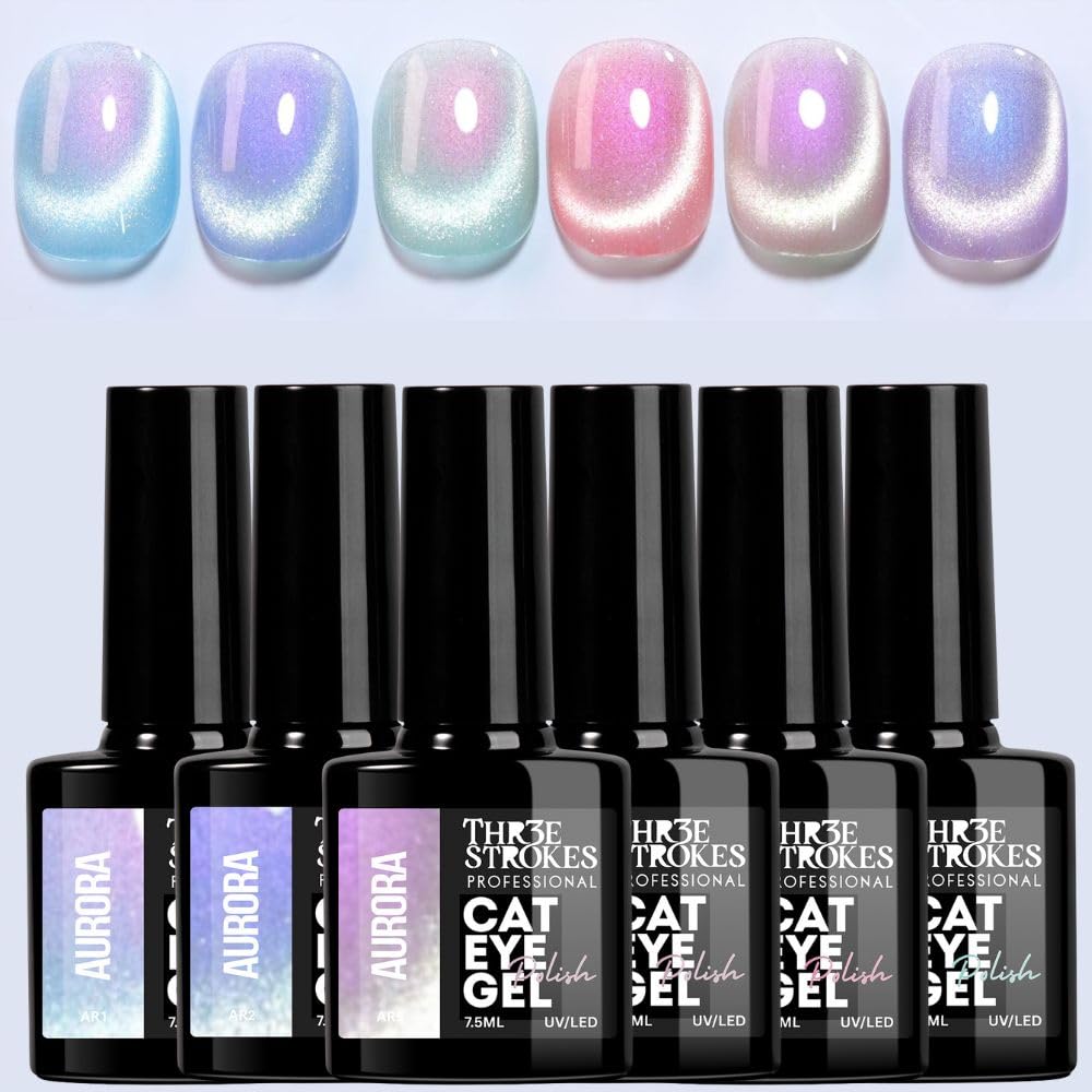 NP27 THR3E STROKES Cat Eye Gel Nail Polish Set for Pink Brown Glitter Holographic Cat Eye, Salon Gel Manicure and Nail Art DIY at Home, Bright Moonlight (NEBULA)