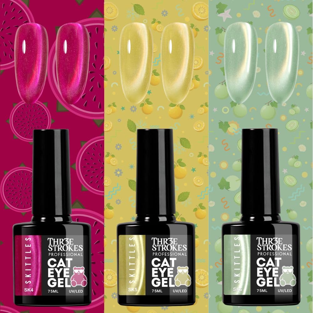 GV1171 THR3E STROKES Silk Cat Eye Gel Polish Set - 12 Colors (7.5ml) - Magnetic Velvet Shimmer Effect - UV/LED Soak Off Nail Art Manicure Kit (SKITTLES)