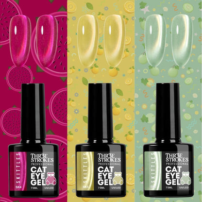 GV1171 THR3E STROKES Silk Cat Eye Gel Polish Set - 12 Colors (7.5ml) - Magnetic Velvet Shimmer Effect - UV/LED Soak Off Nail Art Manicure Kit (SKITTLES)