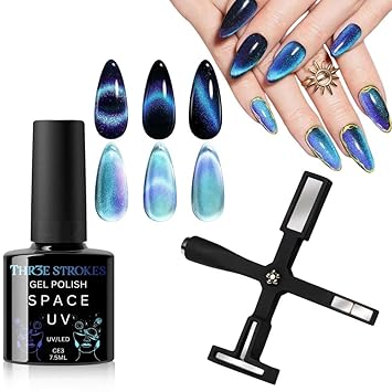 NP16 THR3E STROKES 9D Cat Eye Gel Nail Polish 7.5ML – Glitter Magnetic Gel with 3D Shimmering Effect – 5 in 1 Magnet Set – UV/LED Soak Off Gel for Nail Art & DIY Manicure at Home