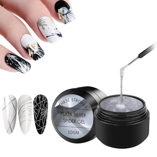 NP66 THR3E STROKES Silver Spider Gel Polish Kit Nail Spider Gel Paint For Nail Art Polish Thin Brush Spider Nail Gel Art Paint For Nails Uv Led Nail Polish Drawing Painting Black White Gel Nail Polish Kit (UV REQUIRE)