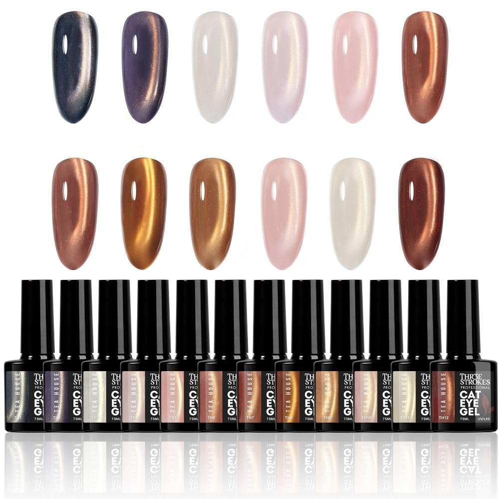 GV1172 THR3E STROKES Silk Cat Eye Gel Polish Set - 12 Colors (7.5ml) - Magnetic Velvet Shimmer Effect - UV/LED Soak Off Nail Art Manicure Kit (TEA HOUSE)