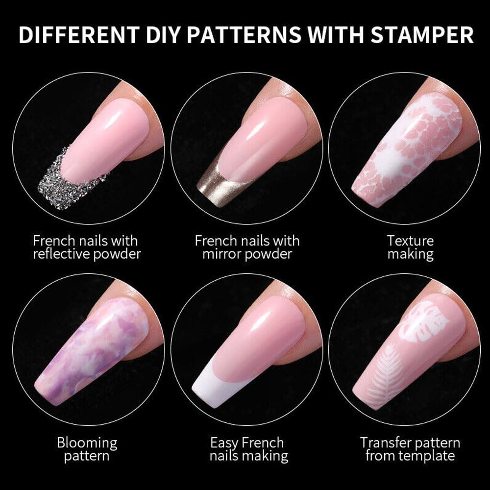 GV83 THR3E STROKES Nail Stamping Transparent Silicone Head Clear Jelly Nail Art Stamping Stamper with A Lid Big Cap Scraper Image Plate Manicure Tools DIY Polish Kit with Matte Handle