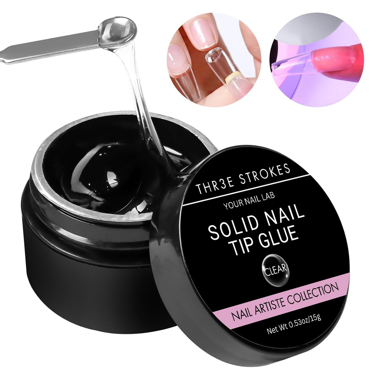GV53 THR3E STROKES Solid Gel Nail Glue for Nail Tips Clear, Gel for Press On Nails Strong Fake Nail Bonding Gel Glue for Acrylic Nails Non-Stick Hard Gel for Nail Art Home Salon DIY 15ml(SOLID NOT DRIED)