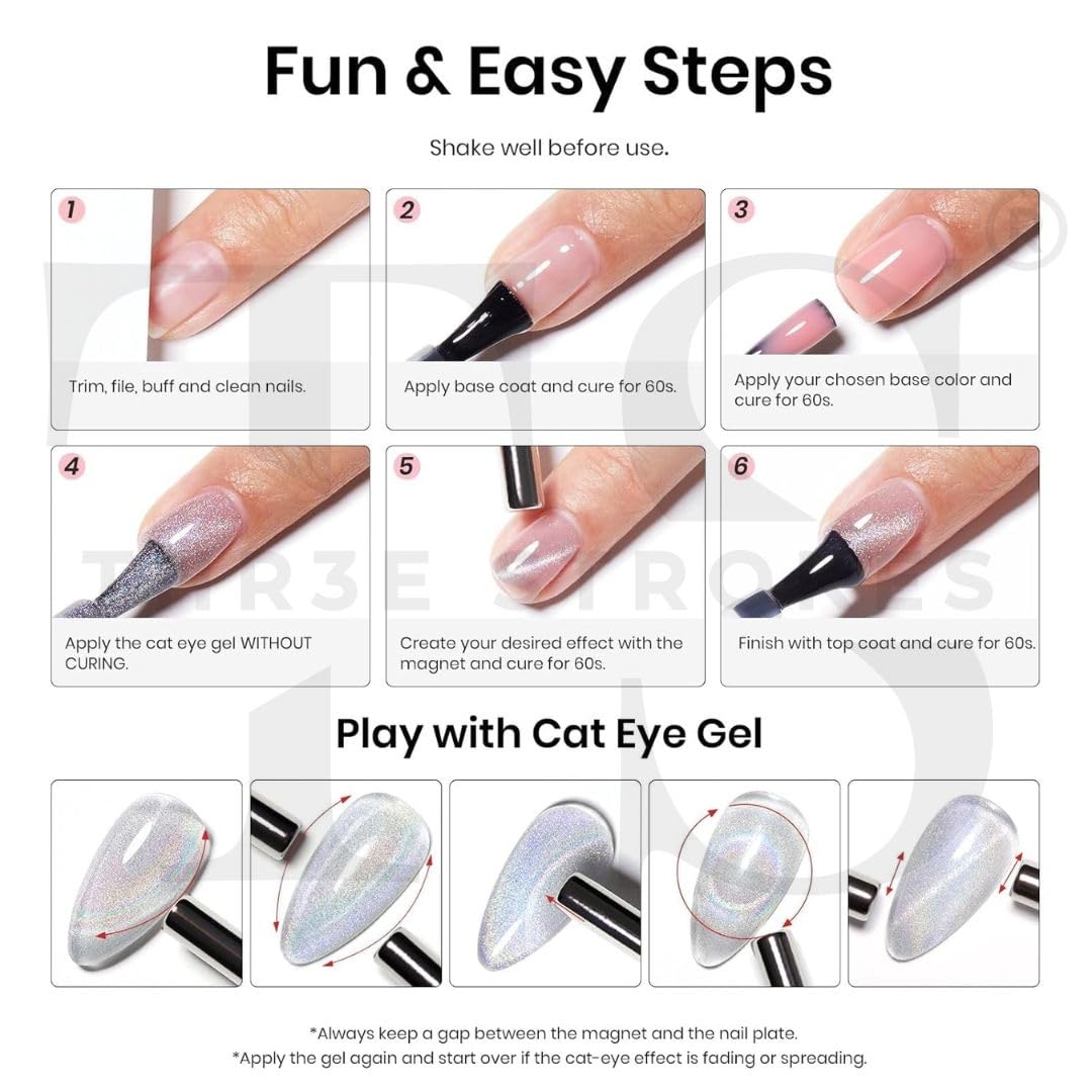 NP29 THR3E STROKES Rainbow Cat Eye Gel Nail Polish, 7.5ml Holographic 9D Sparkly Glitter Spring Gel Polish, Soak Off UV/LED Manicure Nail Art Designs, Flakie Finish