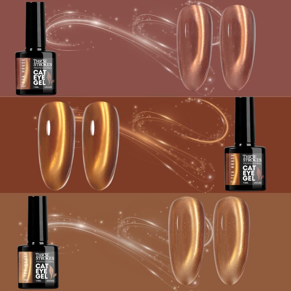 GV1172 THR3E STROKES Silk Cat Eye Gel Polish Set - 12 Colors (7.5ml) - Magnetic Velvet Shimmer Effect - UV/LED Soak Off Nail Art Manicure Kit (TEA HOUSE)