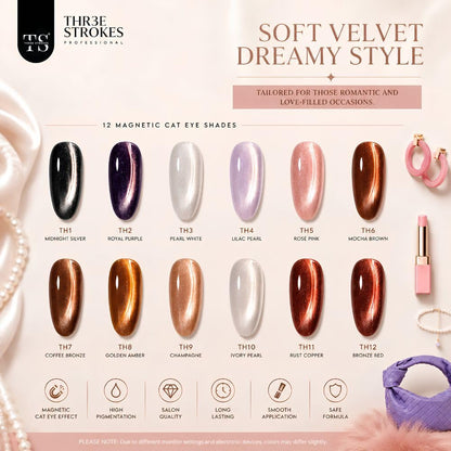 GV1172 THR3E STROKES Silk Cat Eye Gel Polish Set - 12 Colors (7.5ml) - Magnetic Velvet Shimmer Effect - UV/LED Soak Off Nail Art Manicure Kit (TEA HOUSE)